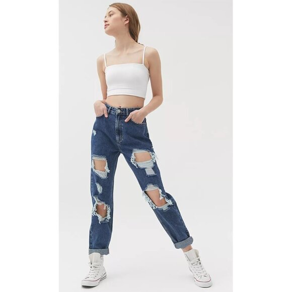 NWT BDG Urban Outfitters High-Waisted Mom Jean Rigid Denim Destroyed Medium Wash - Picture 1 of 10